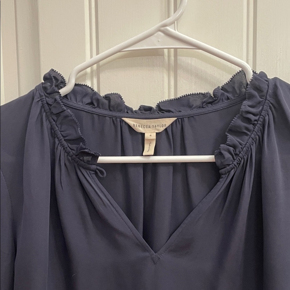 Rebecca Taylor Silk Navy Ruffle 3/4 Sleeve Blouse Size 4 - Picture 4 of 6